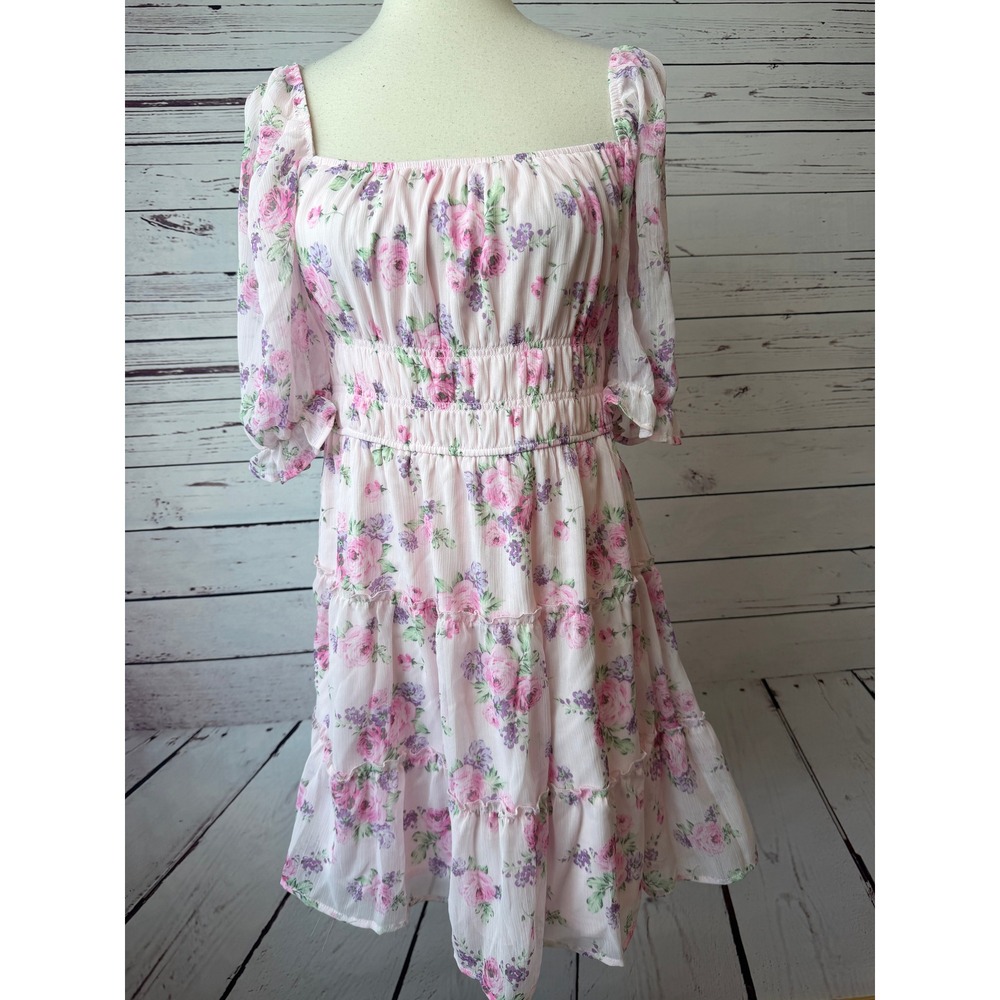 Trixxi Floral‎ Mini Dress XL Chiffon Smocked Tiered Ruffle Womens NWT Milkmaid